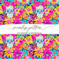 Vibrant Pink Sugar Skull Seamless Fall Pattern Digital - Moore and Mountain