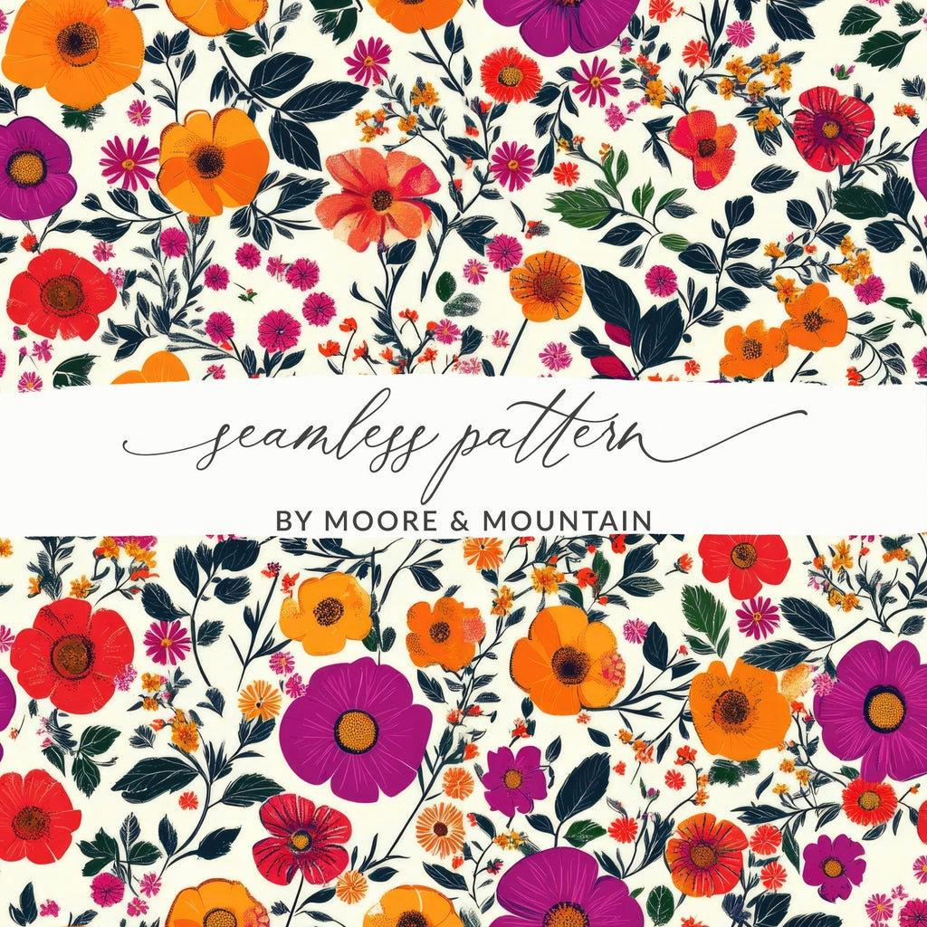 Vivid Floral Digital Print, Red Orange Purple Flowers, Summer Spring Pattern, Abstract Botanical Art, Trendy Design, Printable Wall Art - Moore and Mountain