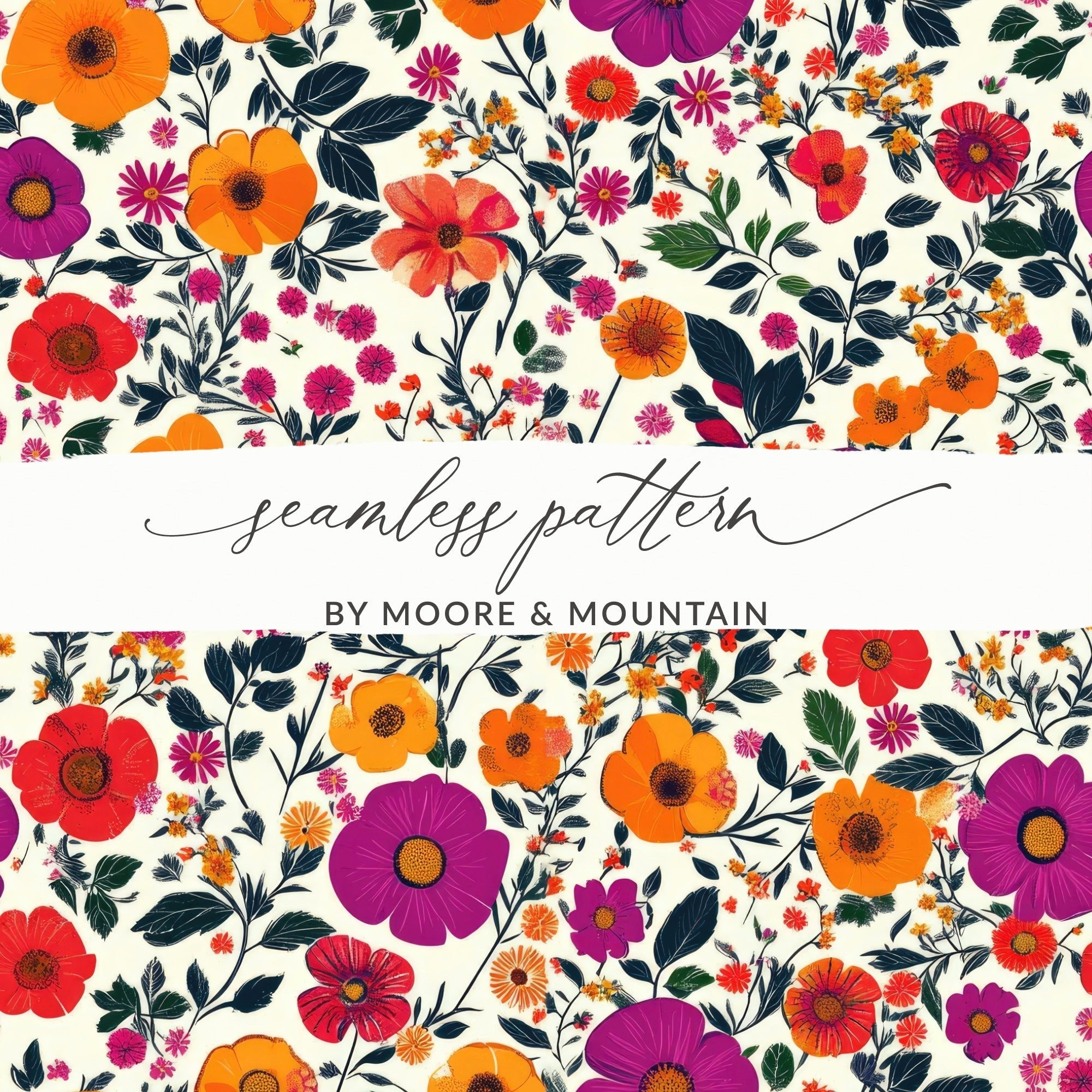 Vivid Floral Digital Print, Red Orange Purple Flowers, Summer Spring Pattern, Abstract Botanical Art, Trendy Design, Printable Wall Art - Moore and Mountain