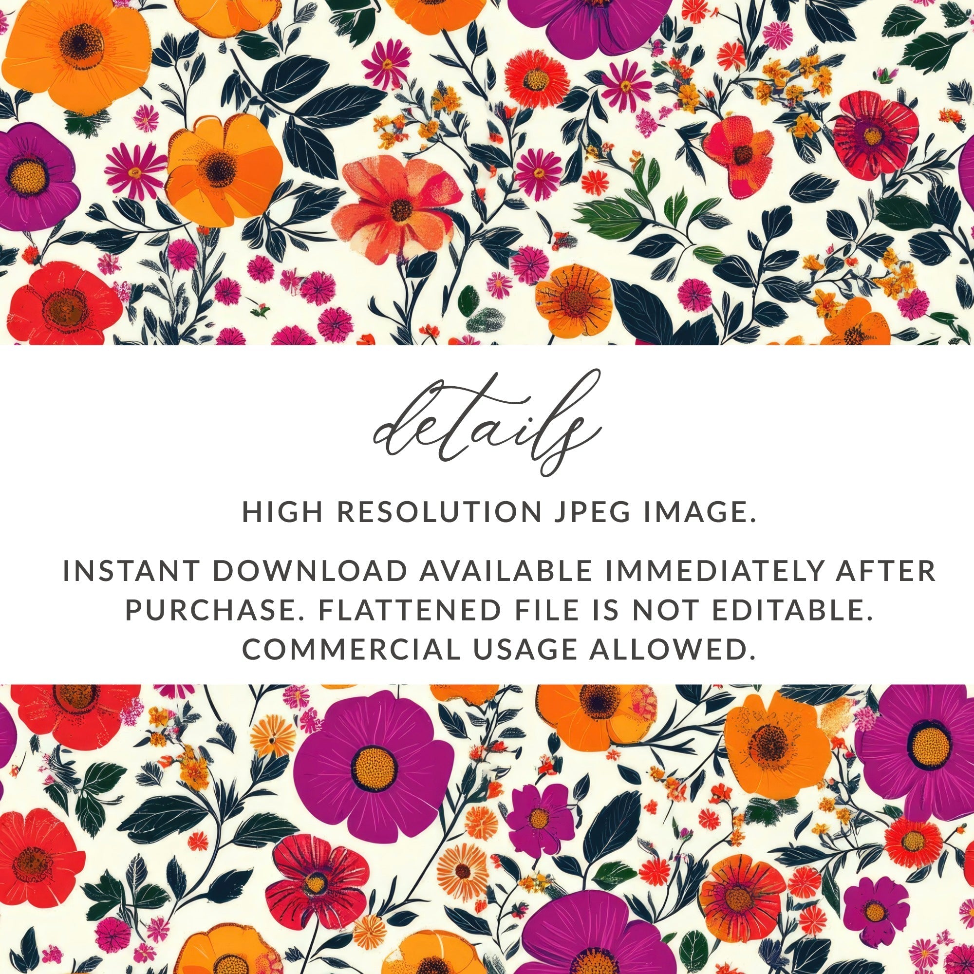 Vivid Floral Digital Print, Red Orange Purple Flowers, Summer Spring Pattern, Abstract Botanical Art, Trendy Design, Printable Wall Art - Moore and Mountain