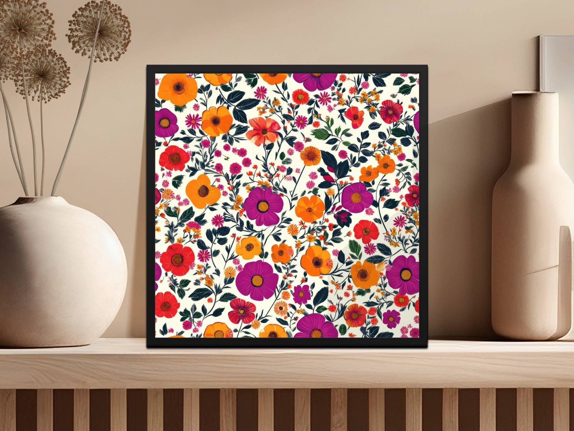 Vivid Floral Digital Print, Red Orange Purple Flowers, Summer Spring Pattern, Abstract Botanical Art, Trendy Design, Printable Wall Art - Moore and Mountain