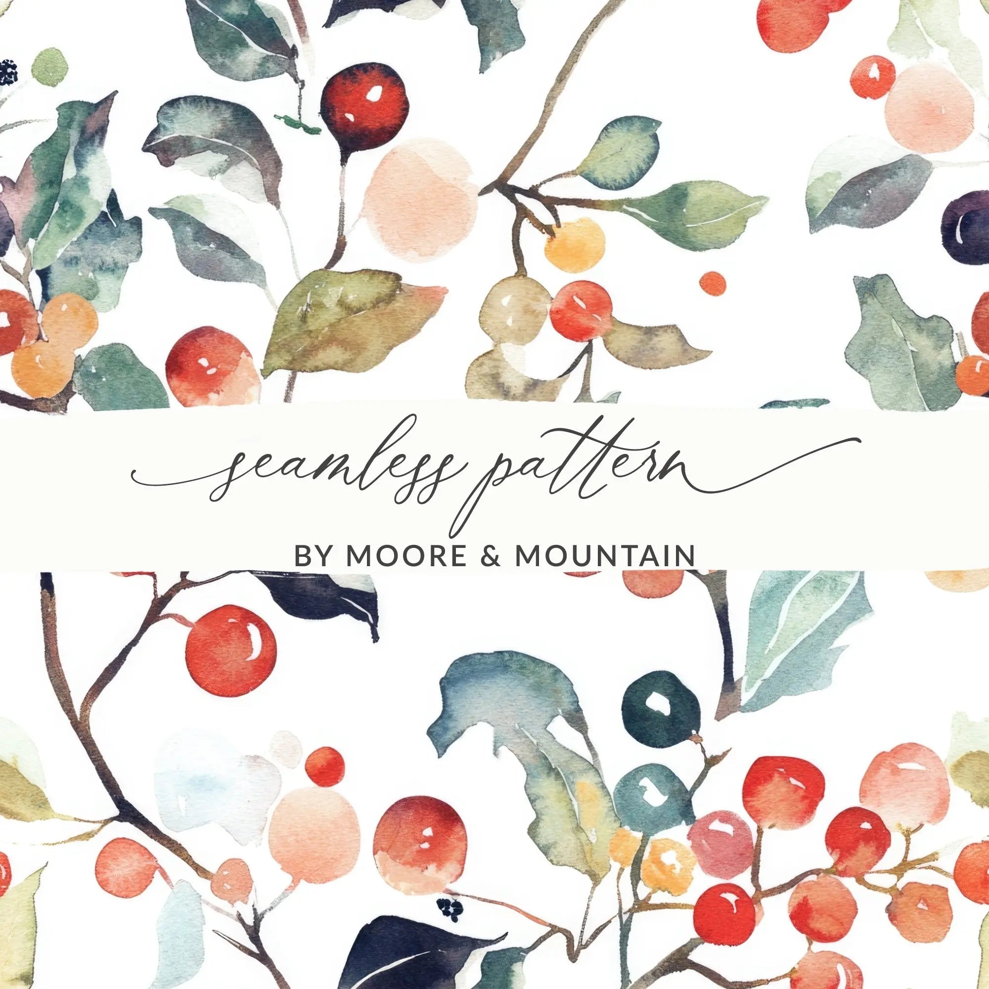 Watercolor Berries Digital Paper, Seamless Pattern, Fall Foliage Design, Printable Fabric Design, Scrapbook Paper, Berries, Autumn Theme - Moore and Mountain