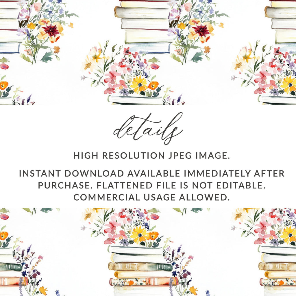 Watercolor Books and Flowers Digital Art, Floral Book Stack Illustration, Printable Wall Art, Pastel Botanical Clipart, Spring Download - Moore and Mountain