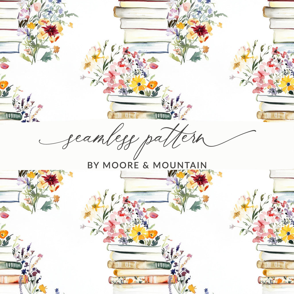 Watercolor Books and Flowers Digital Art, Floral Book Stack Illustration, Printable Wall Art, Pastel Botanical Clipart, Spring Download - Moore and Mountain