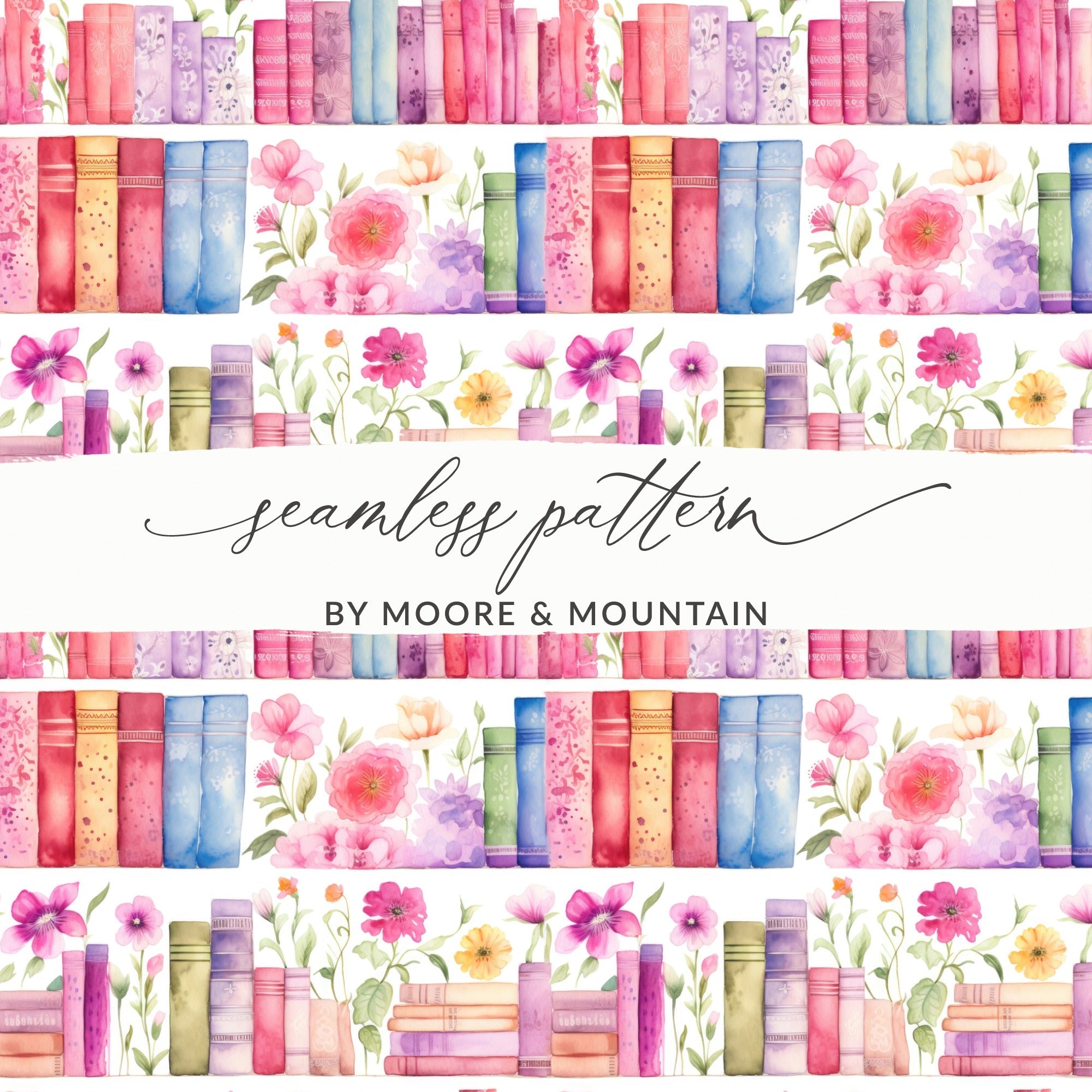Watercolor Bookshelf Digital Paper, Floral Books Seamless Pattern, Book Lover Scrapbook Paper, 12x12 JPEG Files, Planner Digital - Moore and Mountain