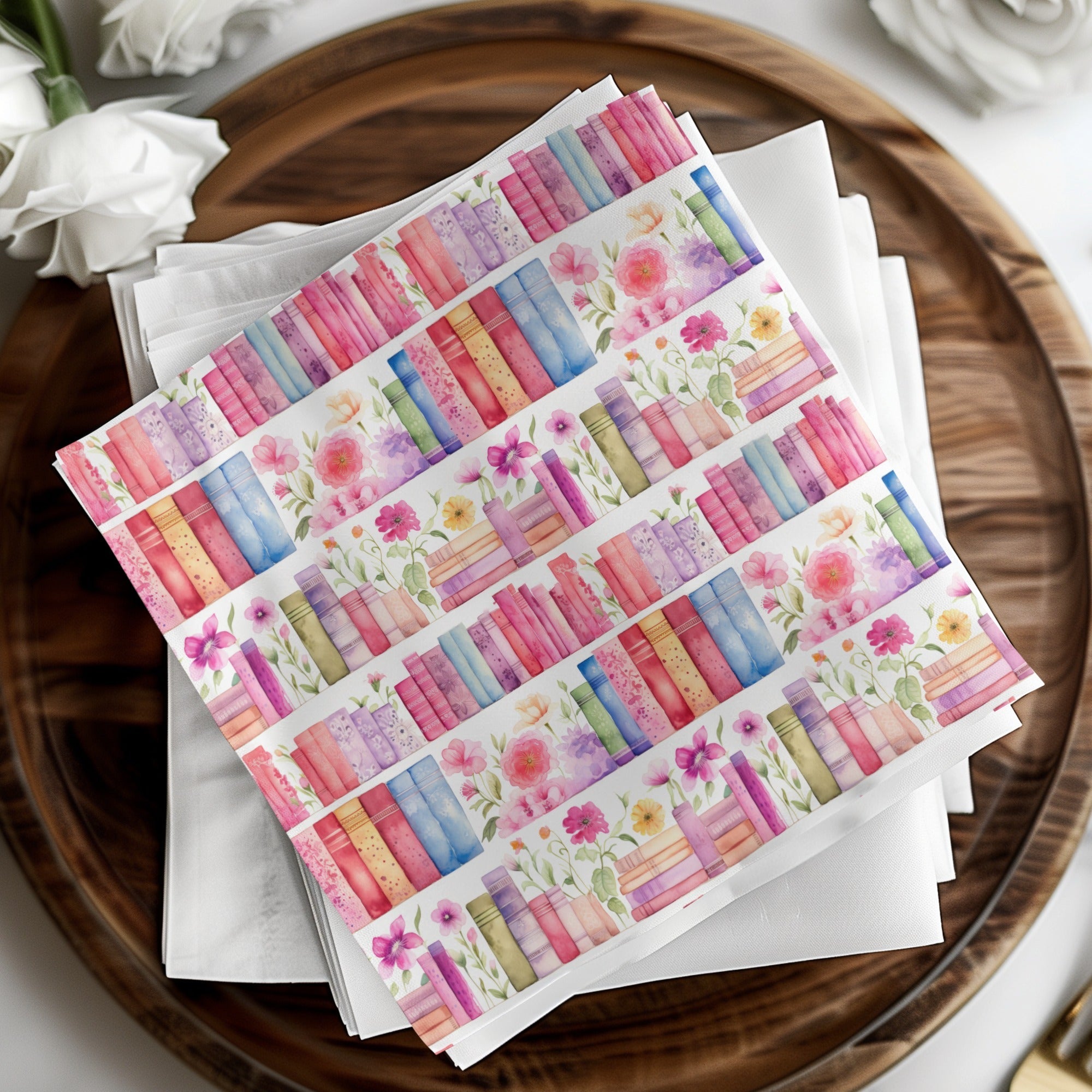 Watercolor Bookshelf Digital Paper, Floral Books Seamless Pattern, Book Lover Scrapbook Paper, 12x12 JPEG Files, Planner Digital - Moore and Mountain