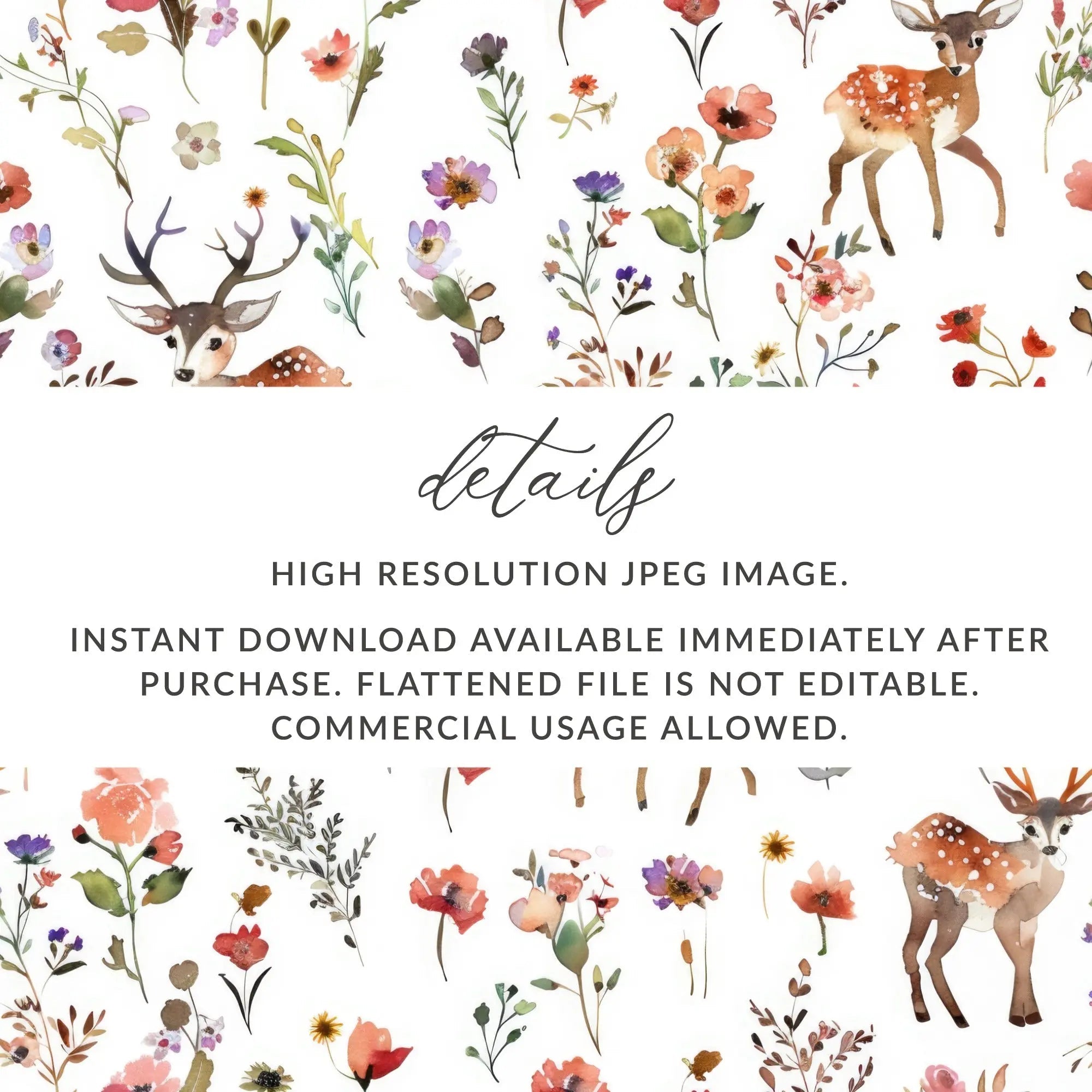 Watercolor Deer Seamless Pattern Digital, Floral Print, Rustic Design, Scrapbooking Paper, Fabric Pattern, Digital Paper, Wildflower Pattern - Moore and Mountain