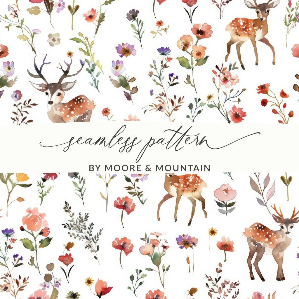Watercolor Deer Seamless Pattern Digital, Floral Print, Rustic Design, Scrapbooking Paper, Fabric Pattern, Digital Paper, Wildflower Pattern - Moore and Mountain