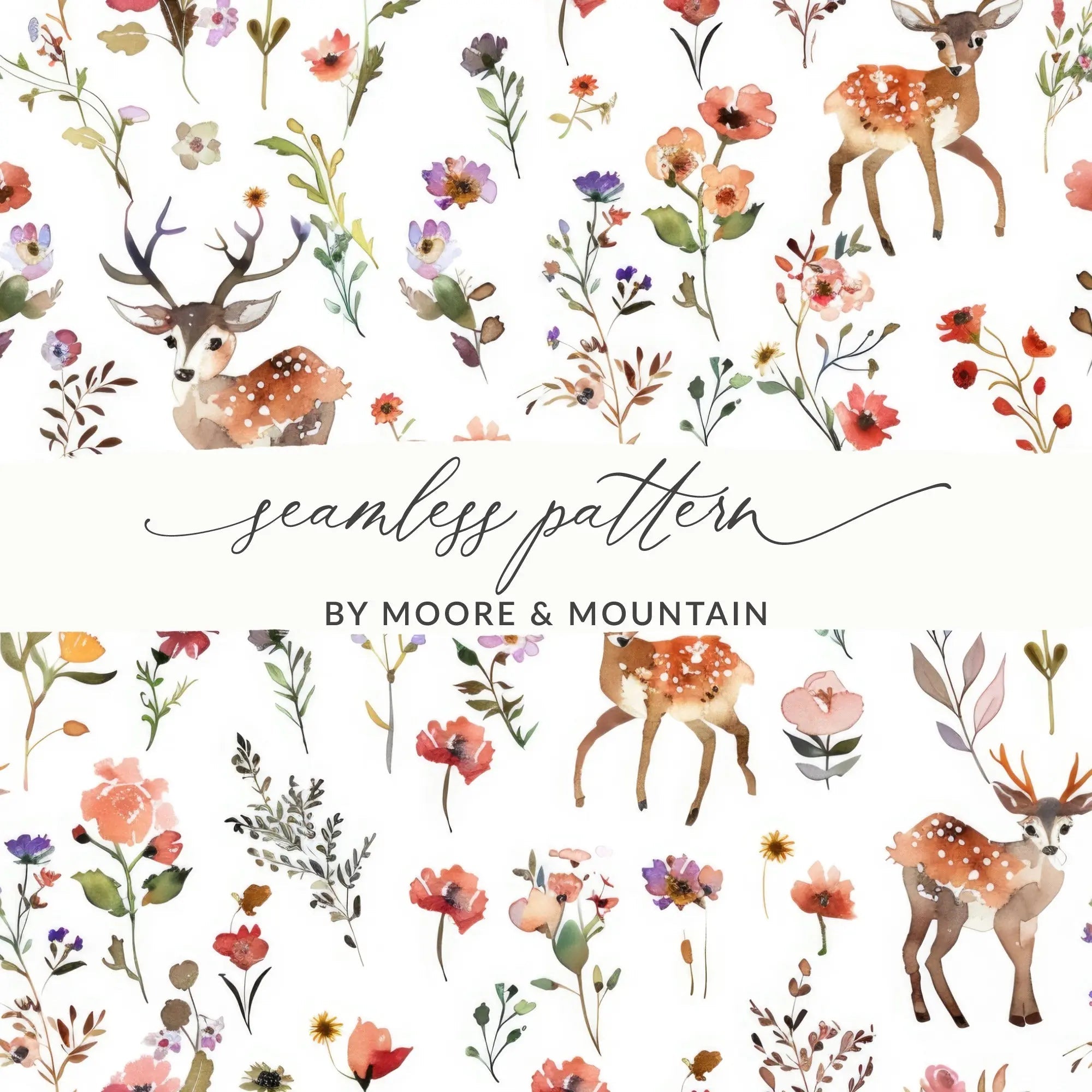 Watercolor Deer Seamless Pattern Digital, Floral Print, Rustic Design, Scrapbooking Paper, Fabric Pattern, Digital Paper, Wildflower Pattern - Moore and Mountain