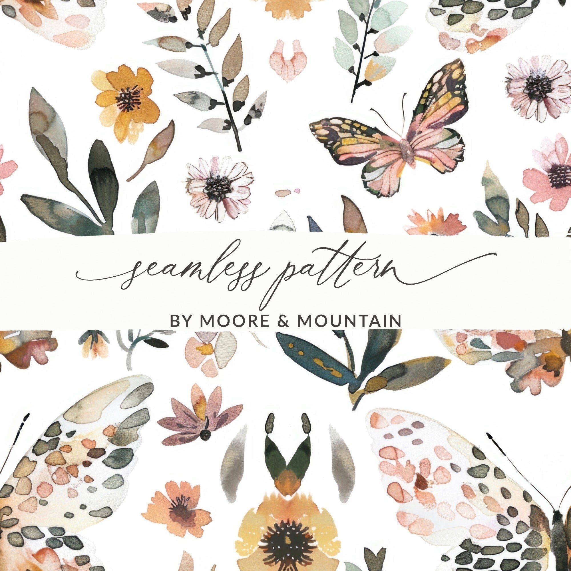 Watercolor Floral Butterflies Neutral Boho Summer Digital - Moore and Mountain