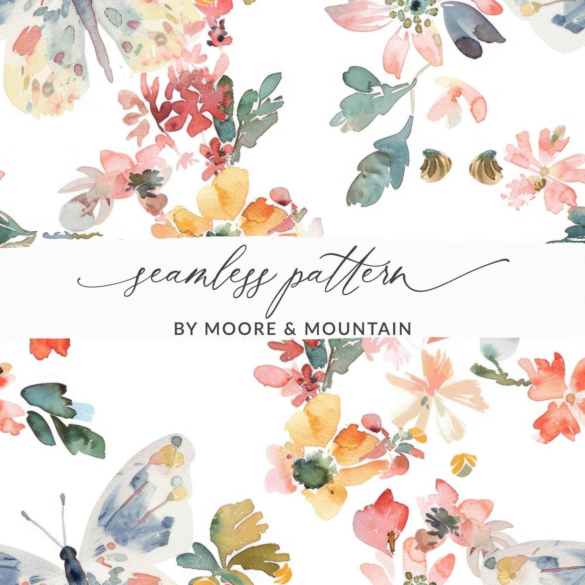 Watercolor Floral Light Blue Butterflies Seamless Pattern Digital - Moore and Mountain