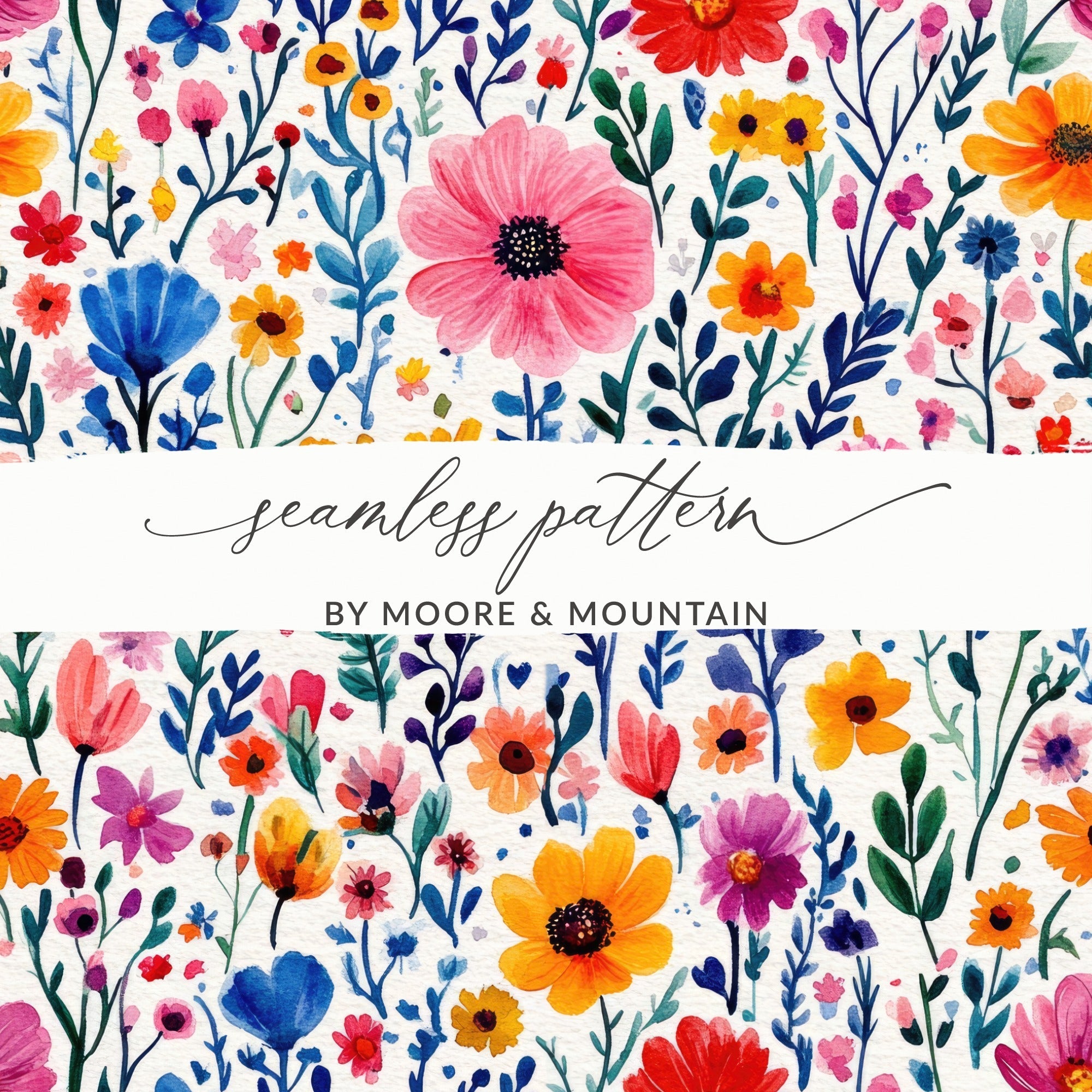 Watercolor Floral Pattern Digital Paper, Seamless Flower Digital File, Colorful Wildflower Repeat Pattern for Fabric, Scrapbook, Craft - Moore and Mountain
