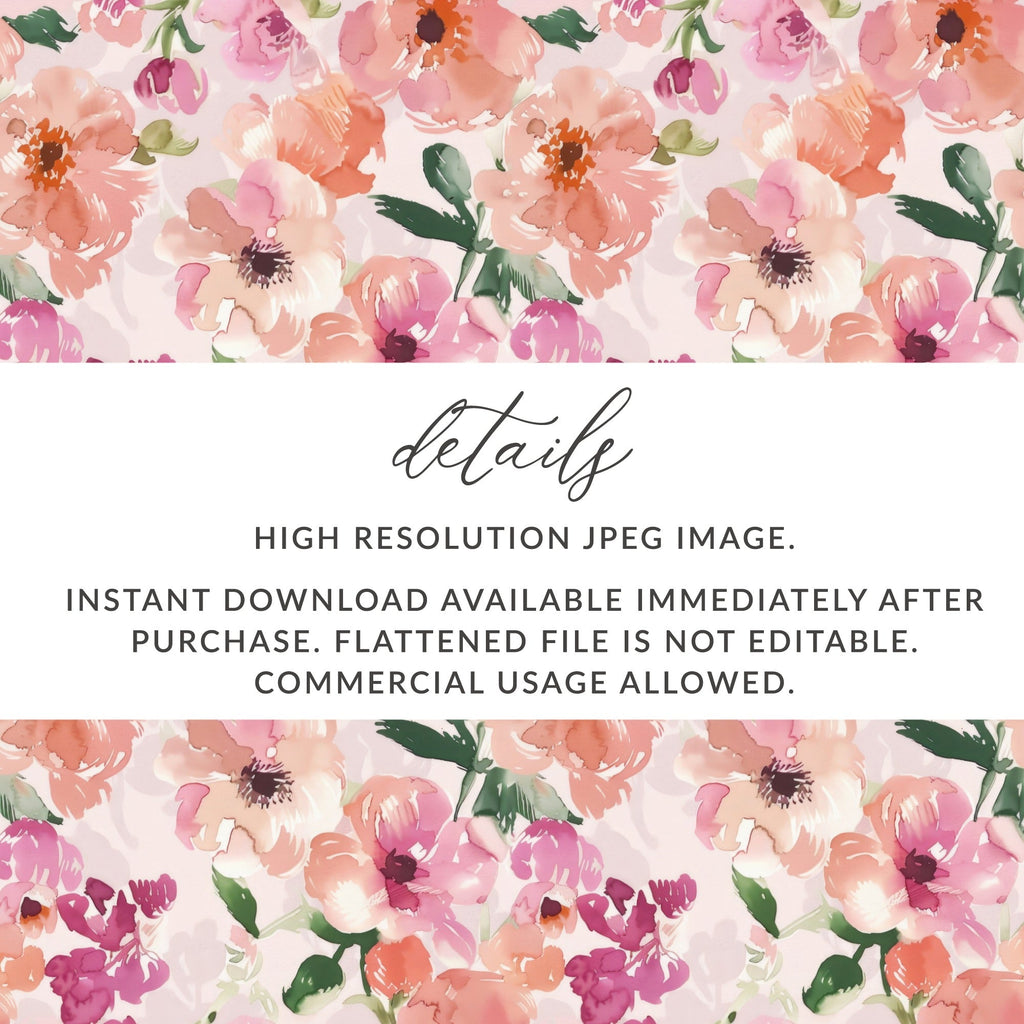 Watercolor Floral Pattern, Seamless Digital Paper, Flower Repeat, Botanical Design, Peach Pink, Scrapbook Paper, Fabric Design Digital - Moore and Mountain