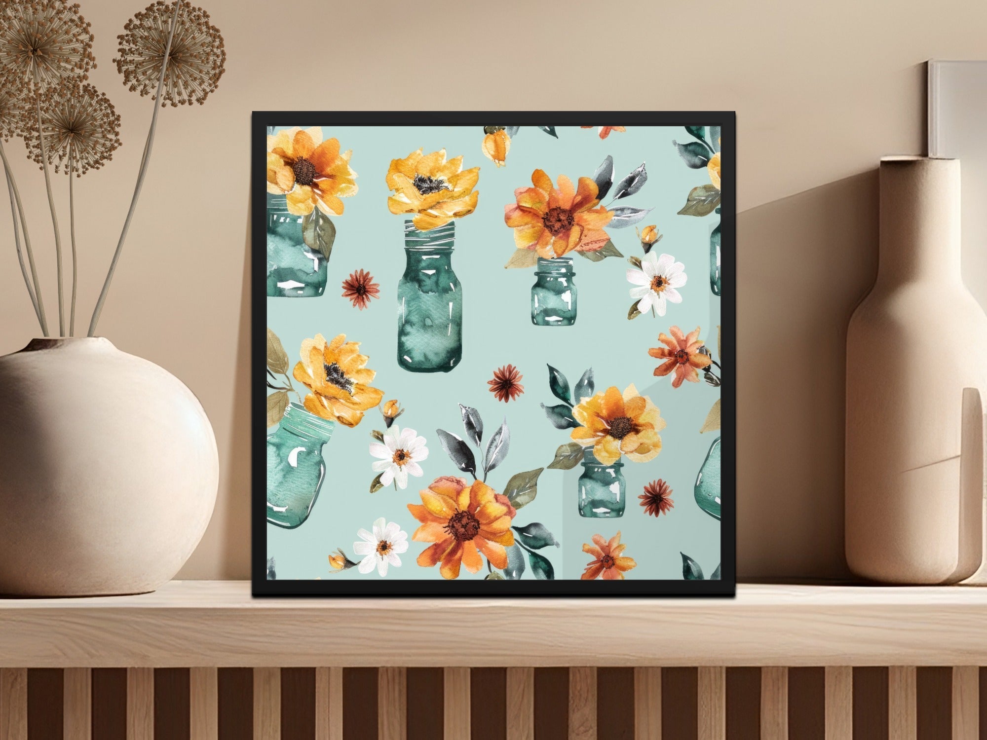 Watercolor Floral Seamless Pattern, Digital Paper Download, Jar Flowers, Fall Blooms, Rustic Design, Printable Fabric, Autumn Digital - Moore and Mountain