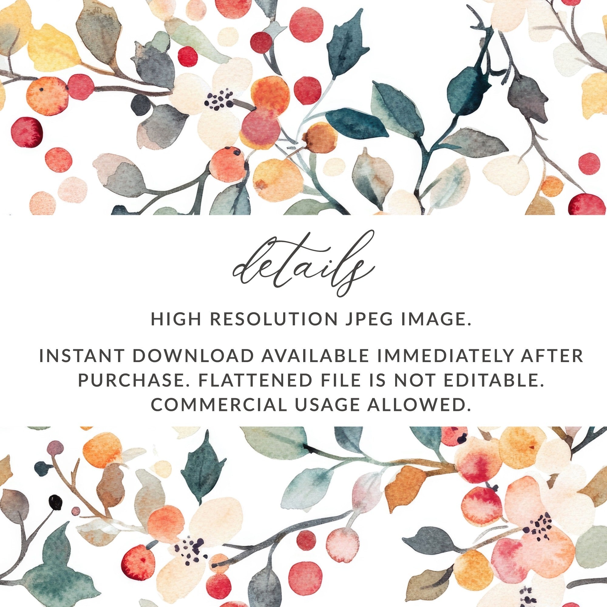 Watercolor Floral Seamless Pattern, Digital Paper, Flowers and Berries, Fabric Design, Printable Background, Digital Download - Moore and Mountain