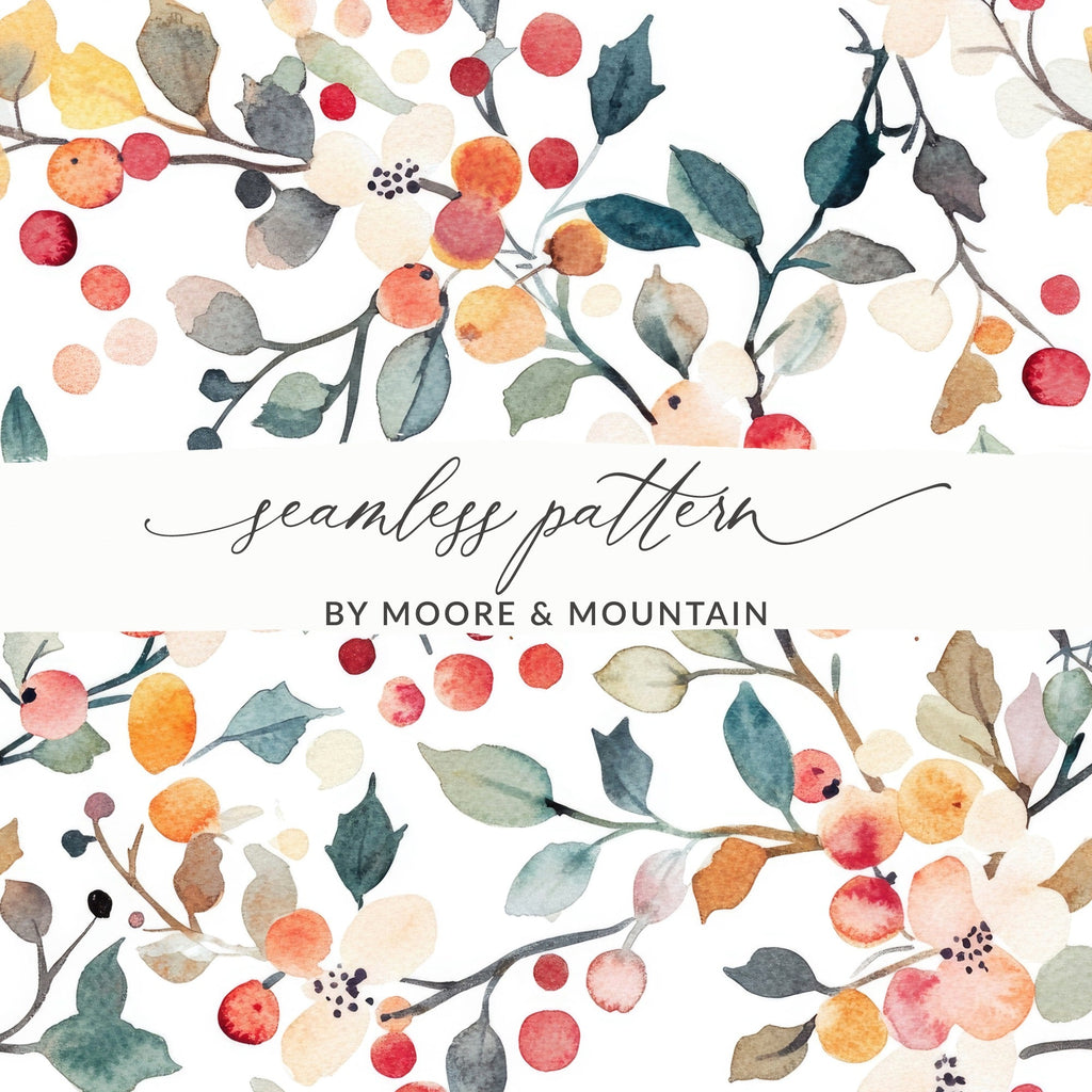 Watercolor Floral Seamless Pattern, Digital Paper, Flowers and Berries, Fabric Design, Printable Background, Digital Download - Moore and Mountain