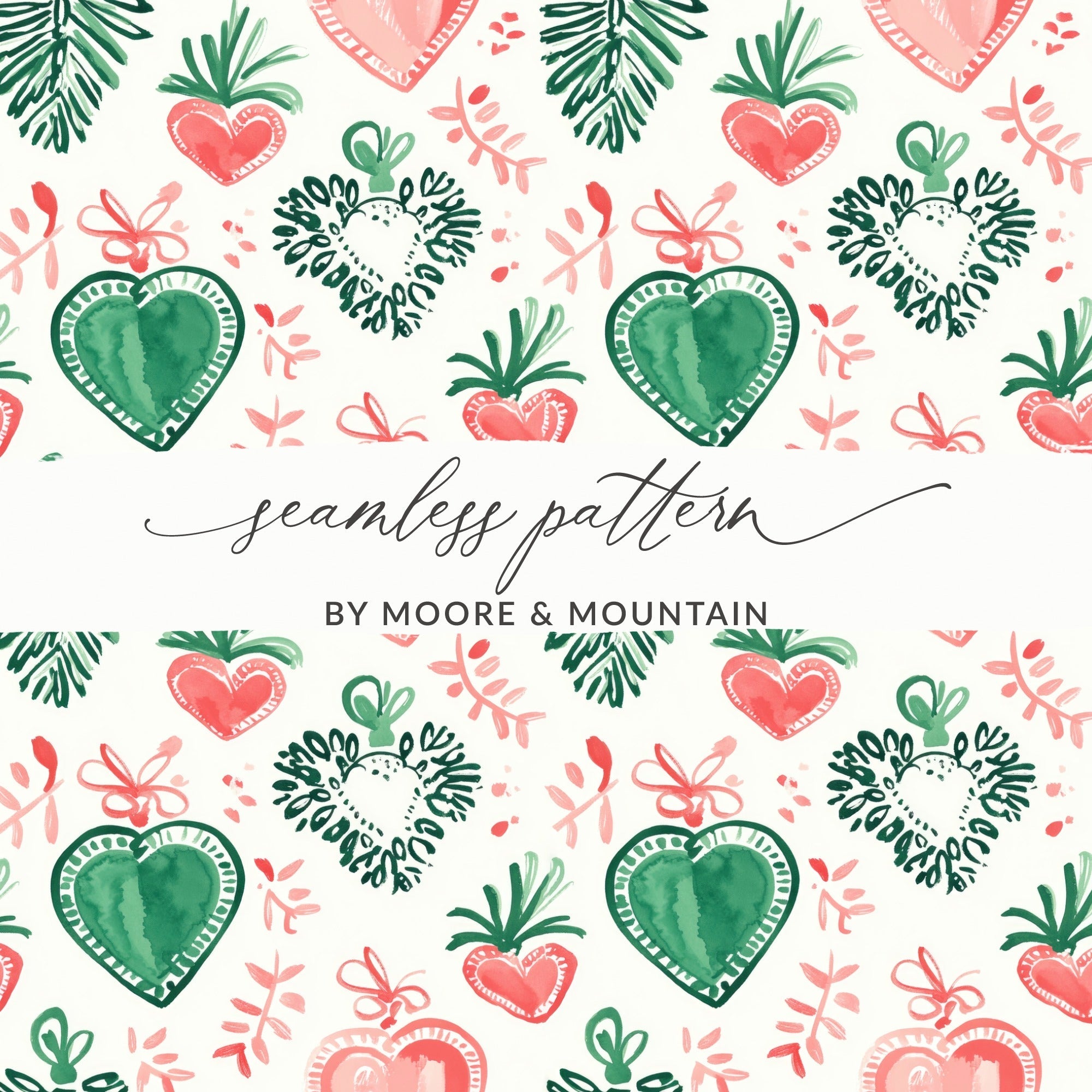 Watercolor Heart Digital Paper, Pink Green Festive Pattern, Winter Holiday Scrapbook Paper, Printable Background Texture, Digital - Moore and Mountain