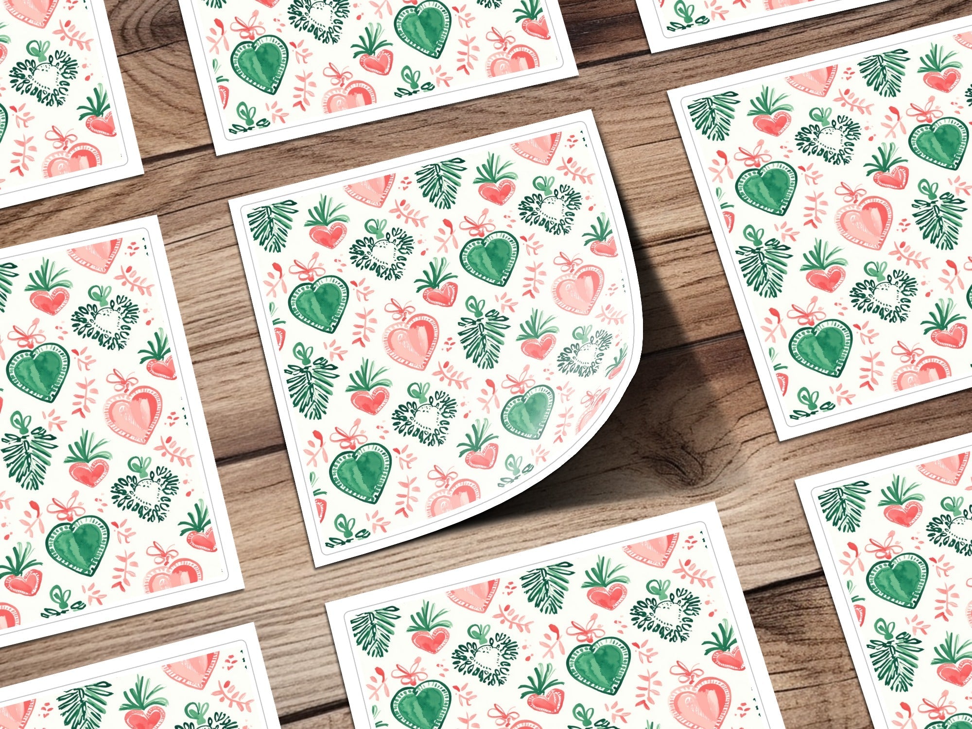 Watercolor Heart Digital Paper, Pink Green Festive Pattern, Winter Holiday Scrapbook Paper, Printable Background Texture, Digital - Moore and Mountain