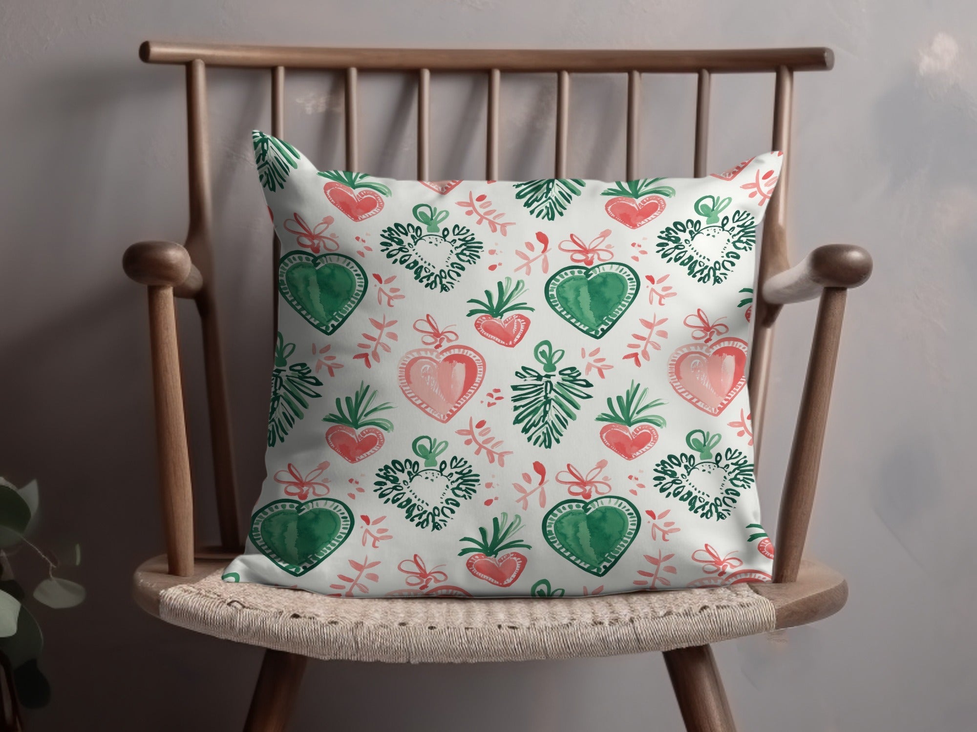 Watercolor Heart Digital Paper, Pink Green Festive Pattern, Winter Holiday Scrapbook Paper, Printable Background Texture, Digital - Moore and Mountain