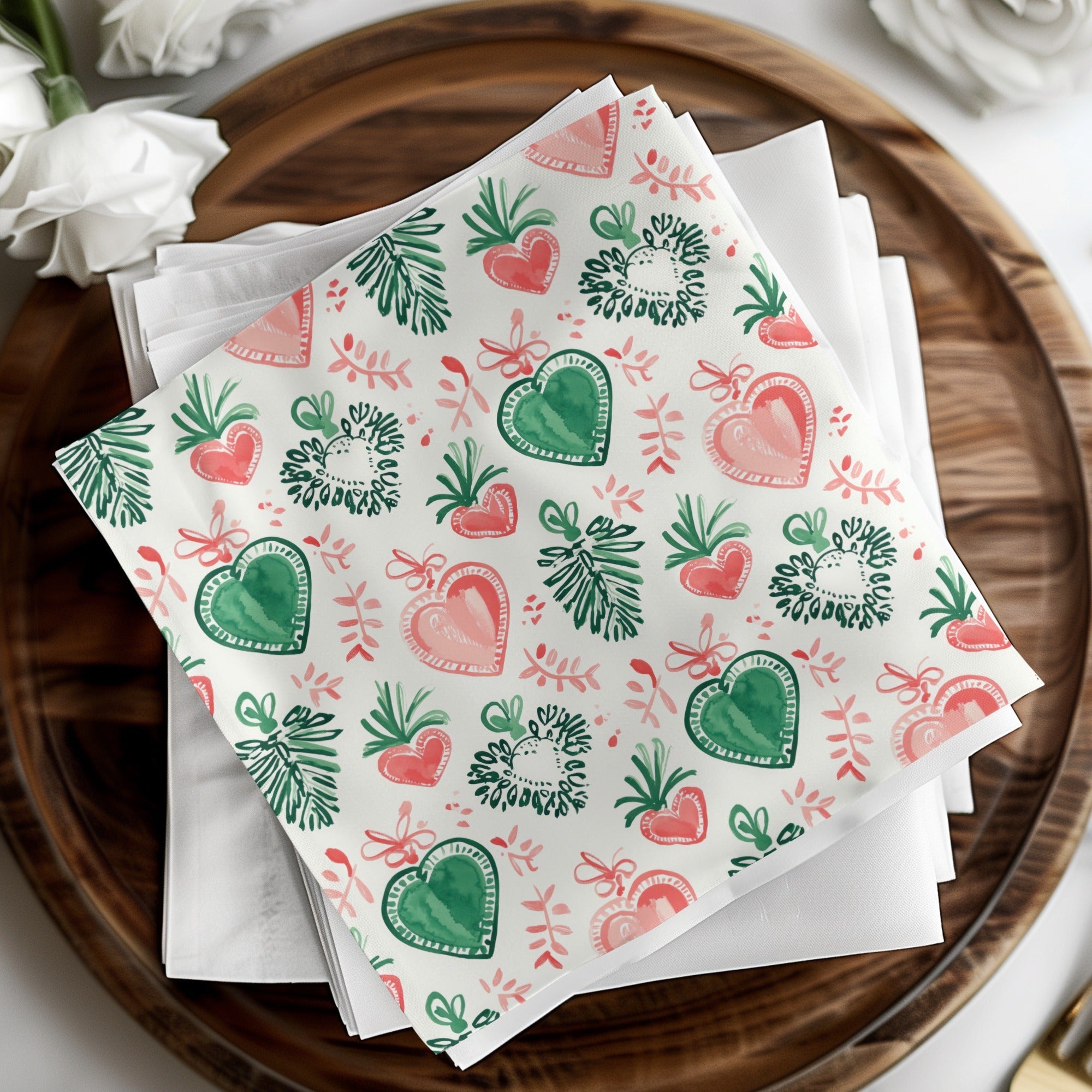 Watercolor Heart Digital Paper, Pink Green Festive Pattern, Winter Holiday Scrapbook Paper, Printable Background Texture, Digital - Moore and Mountain