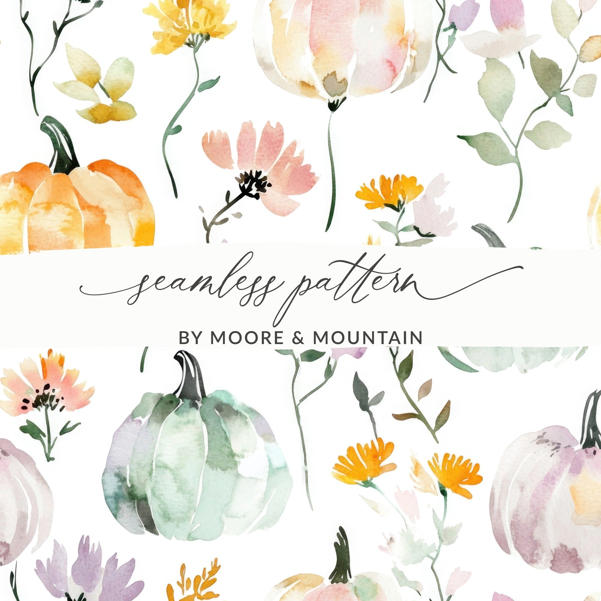 Watercolor Pumpkin Digital Paper, Fall Seamless Pattern, Autumn Background, Floral Thanksgiving Print, Scrapbook Paper Pack, Digital - Moore and Mountain