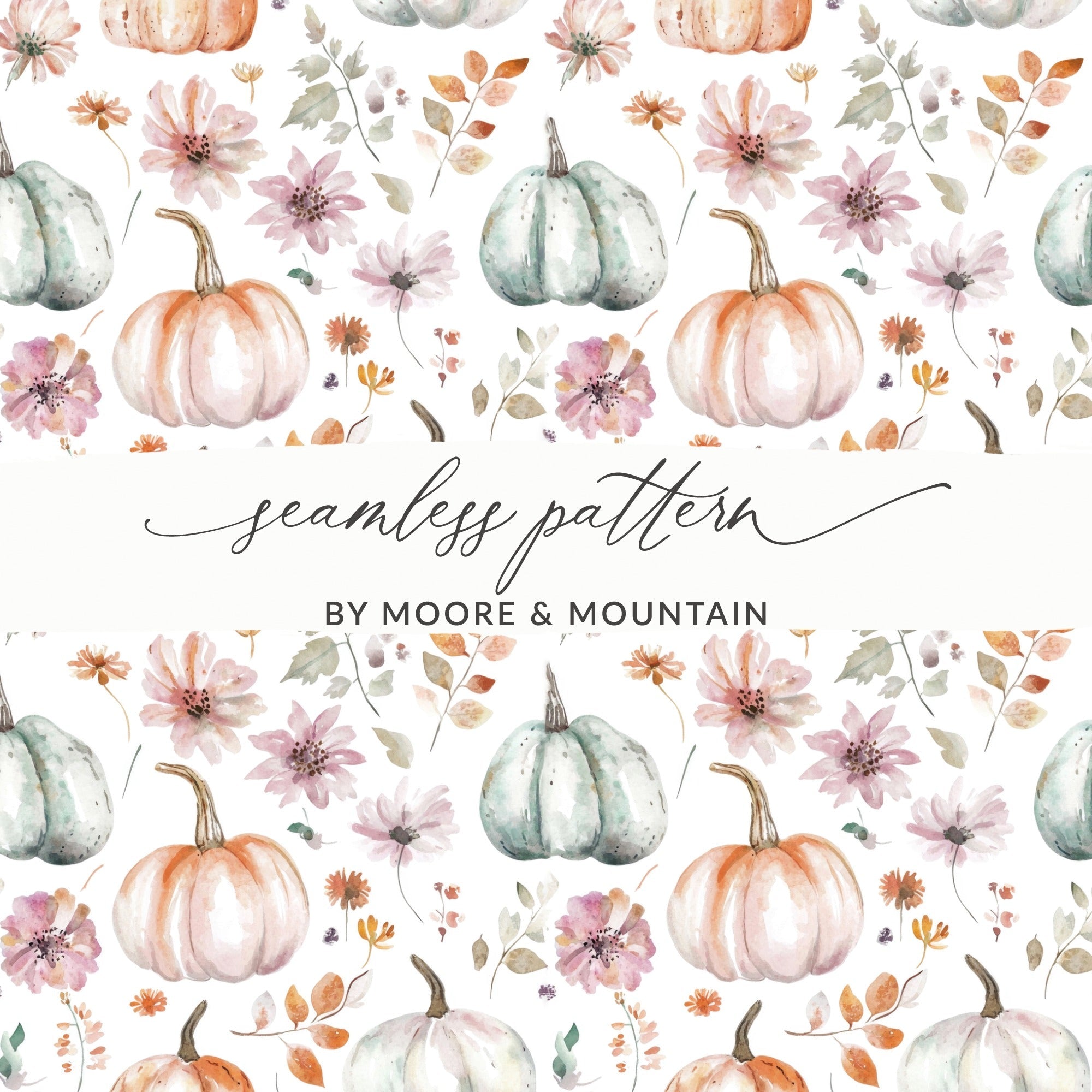 Watercolor Pumpkin Pattern, Fall Floral Seamless Digital Paper, Autumn Flower Design, Digital Download for Fabric, Scrapbooking, Crafts - Moore and Mountain