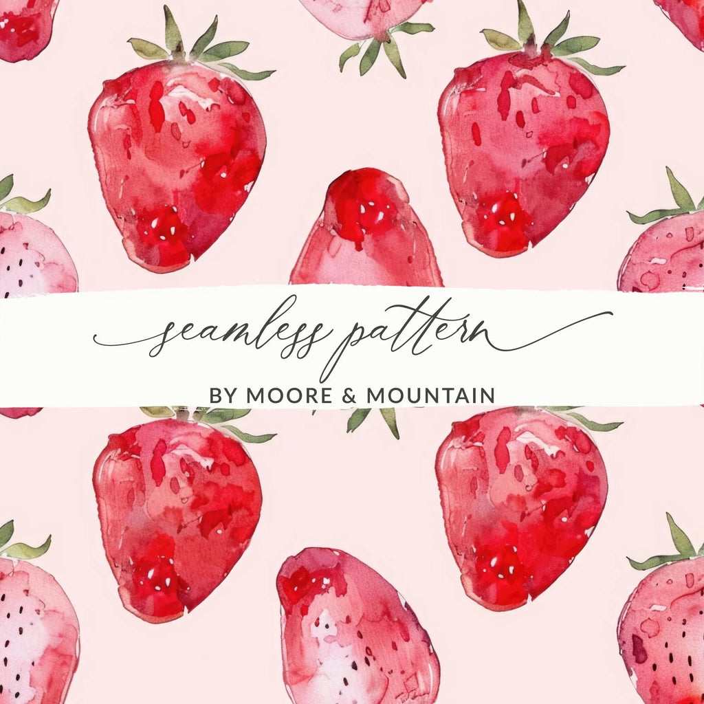 Watercolor Strawberry Pattern Digital, Seamless Repeat, Fruit Print, Fabric Design, Commercial Use, Summer Pattern, Kitchen Art (Digital) - Moore and Mountain