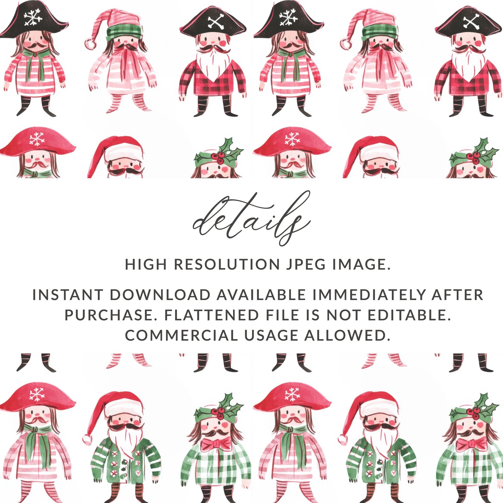 Whimsical Pirate Santa Christmas Figures Pattern Digital - Moore and Mountain