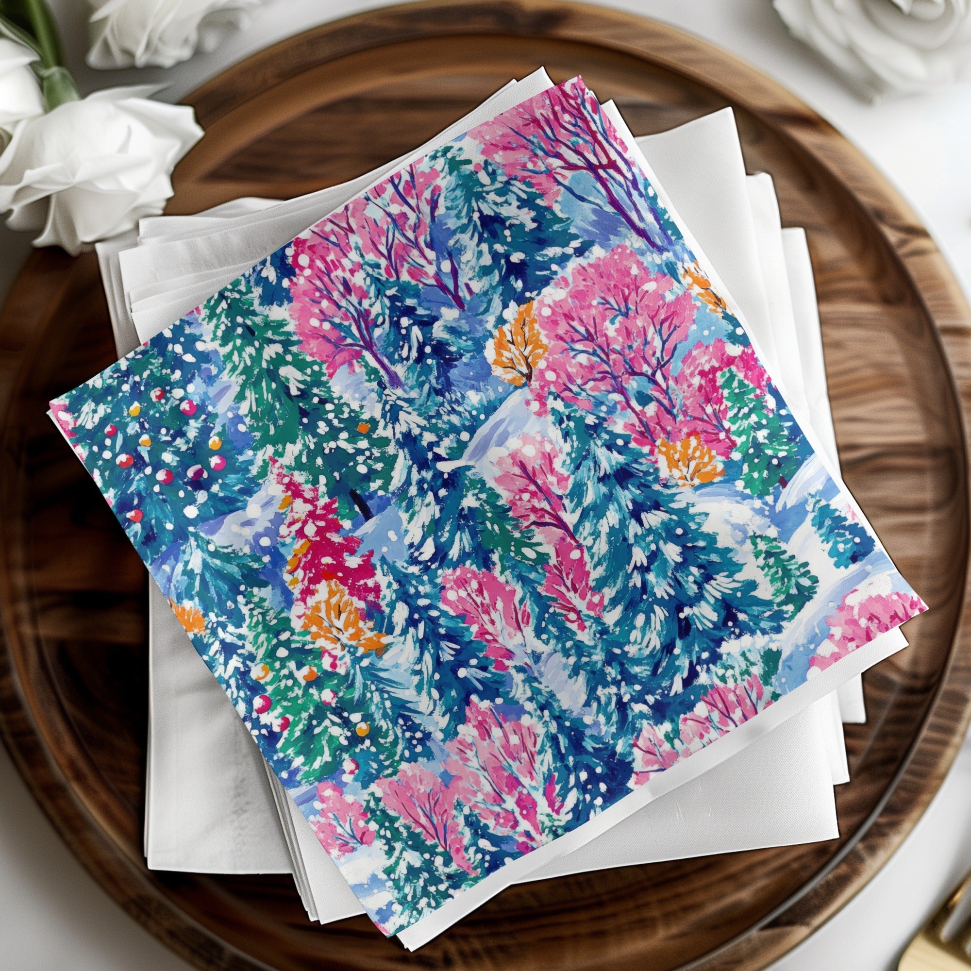 Winter Forest Digital Paper, Blue Pink Christmas Tree Pattern, Holiday Seamless Pattern, Painterly Snowy Landscape for Fabric, Scrapbooking - Moore and Mountain