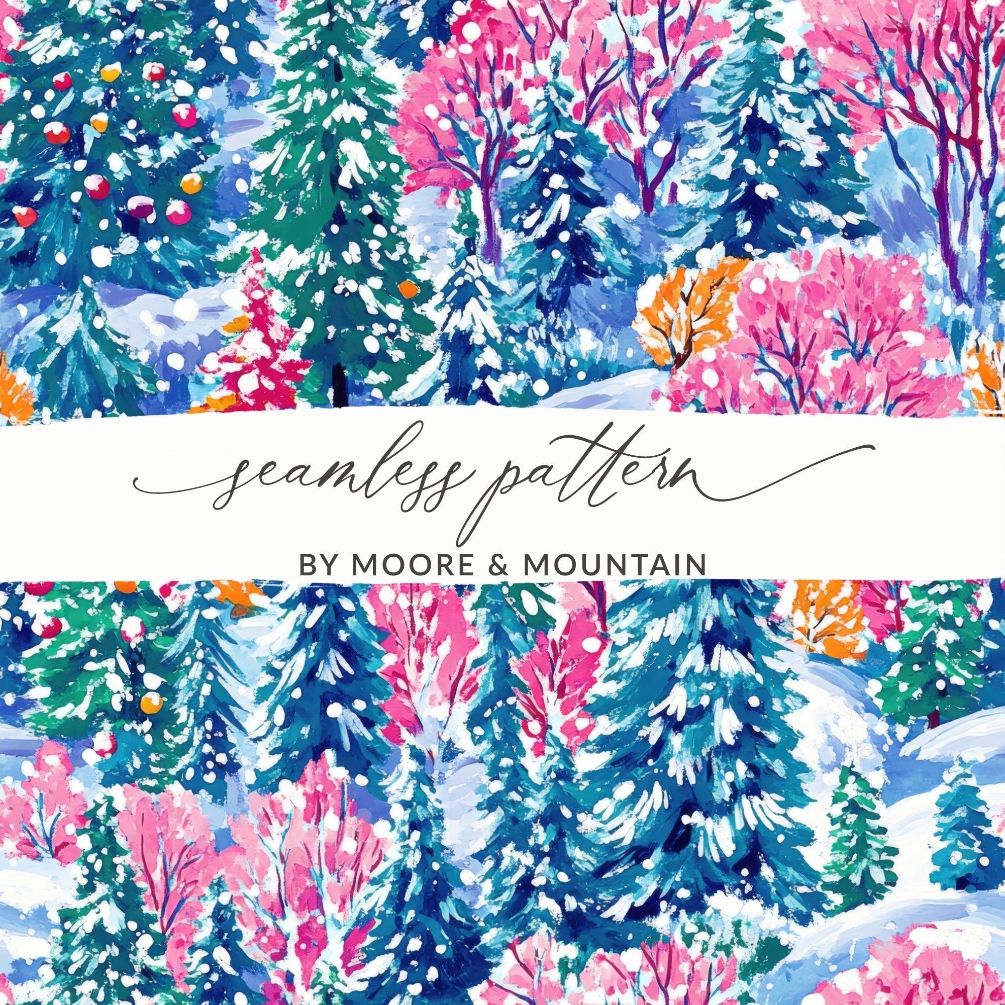 Winter Forest Digital Paper, Blue Pink Christmas Tree Pattern, Holiday Seamless Pattern, Painterly Snowy Landscape for Fabric, Scrapbooking - Moore and Mountain