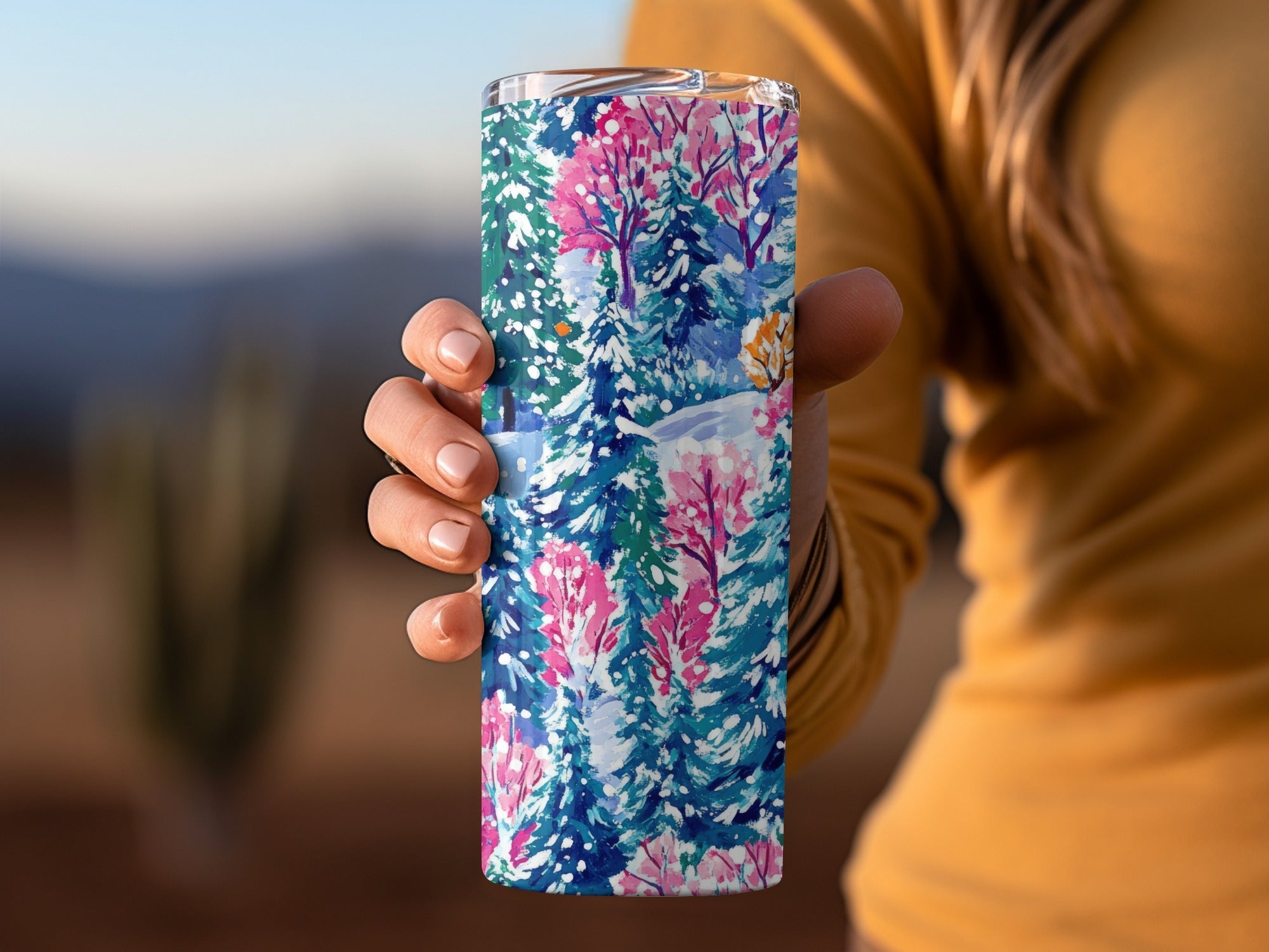 Winter Forest Digital Paper, Blue Pink Christmas Tree Pattern, Holiday Seamless Pattern, Painterly Snowy Landscape for Fabric, Scrapbooking - Moore and Mountain