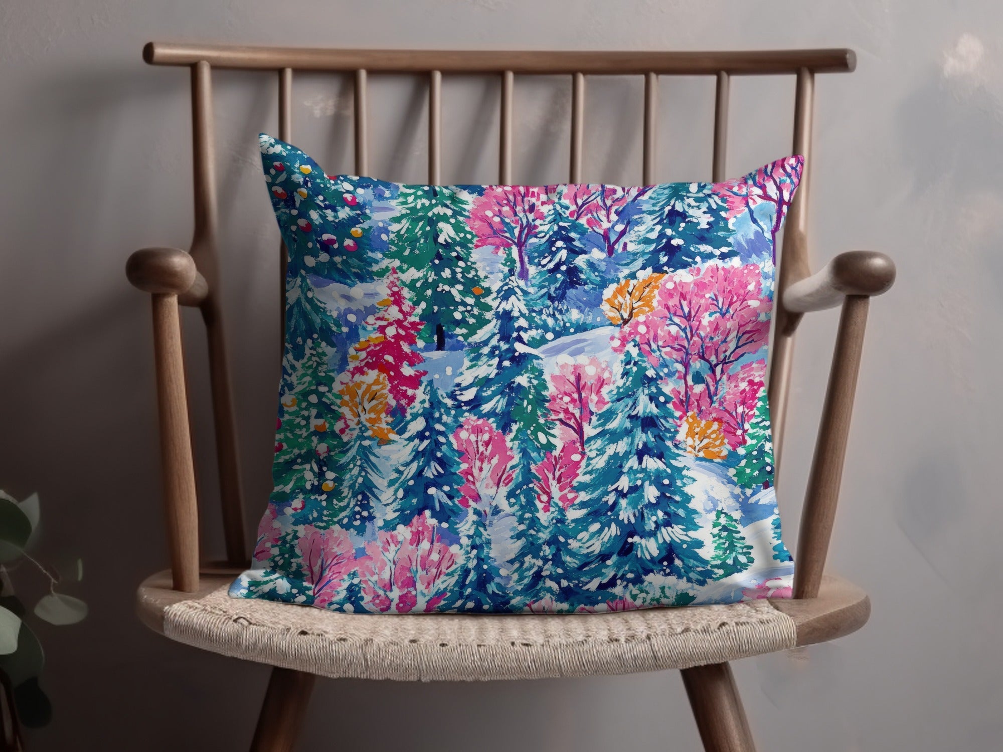 Winter Forest Digital Paper, Blue Pink Christmas Tree Pattern, Holiday Seamless Pattern, Painterly Snowy Landscape for Fabric, Scrapbooking - Moore and Mountain