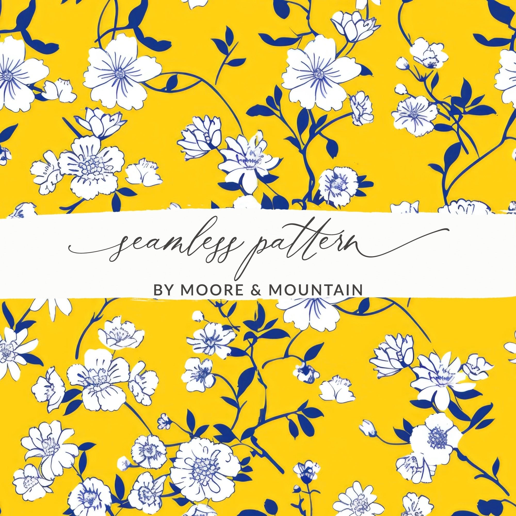 Yellow Floral Digital Paper, White Flowers, Blue Leaves Pattern, Spring, Summer, Floral Fabric Print, Seamless Pattern, Digital Download - Moore and Mountain