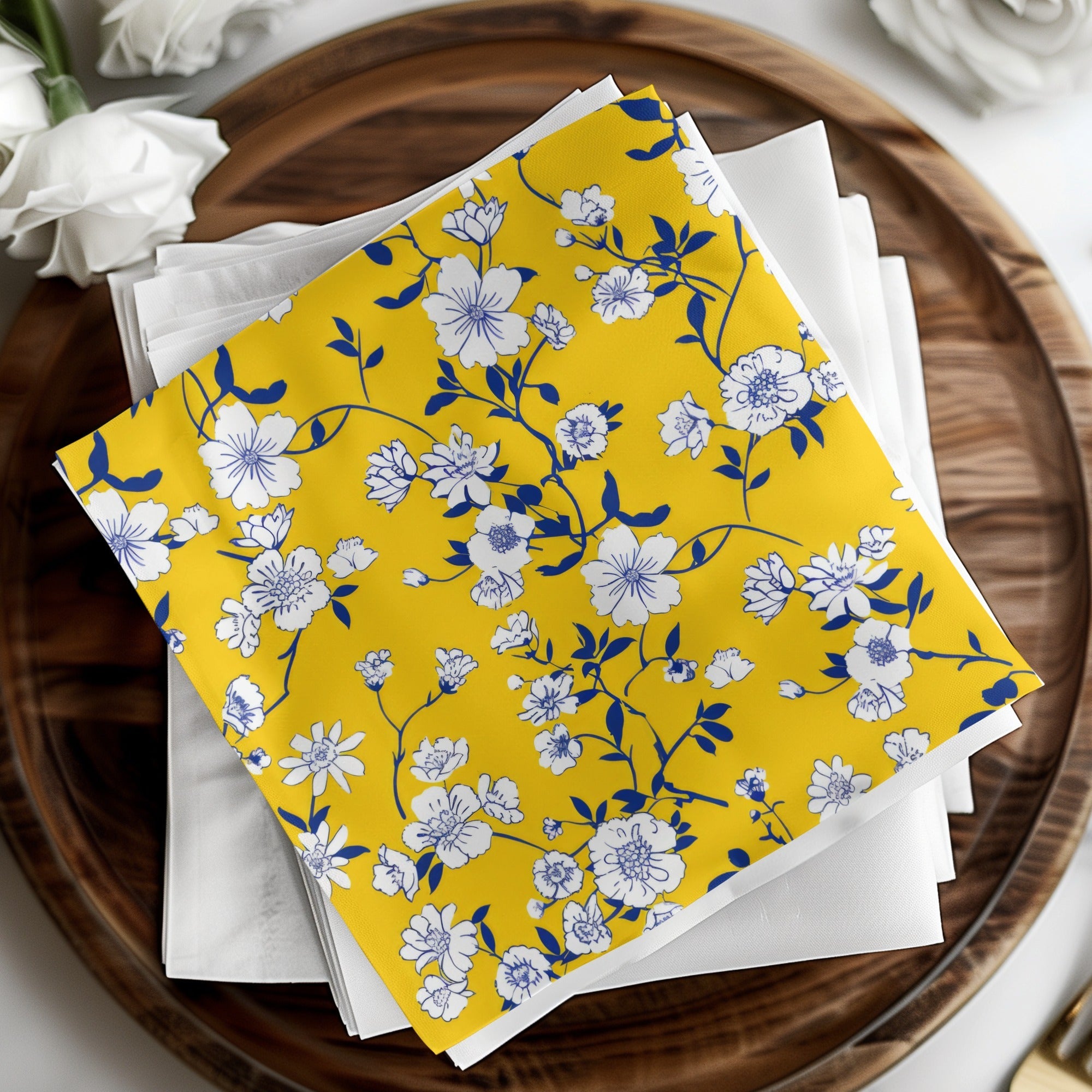 Yellow Floral Digital Paper, White Flowers, Blue Leaves Pattern, Spring, Summer, Floral Fabric Print, Seamless Pattern, Digital Download - Moore and Mountain