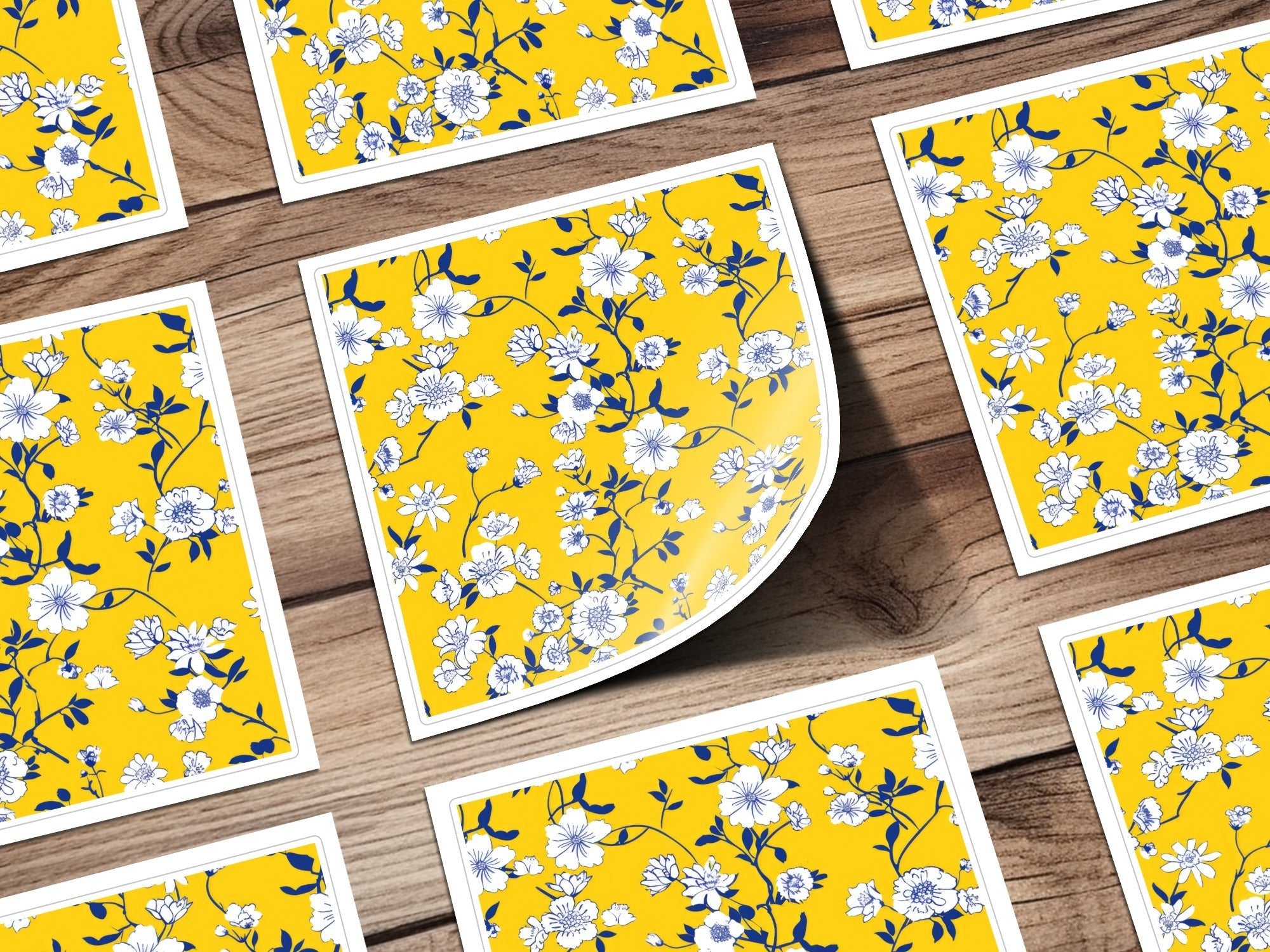 Yellow Floral Digital Paper, White Flowers, Blue Leaves Pattern, Spring, Summer, Floral Fabric Print, Seamless Pattern, Digital Download - Moore and Mountain