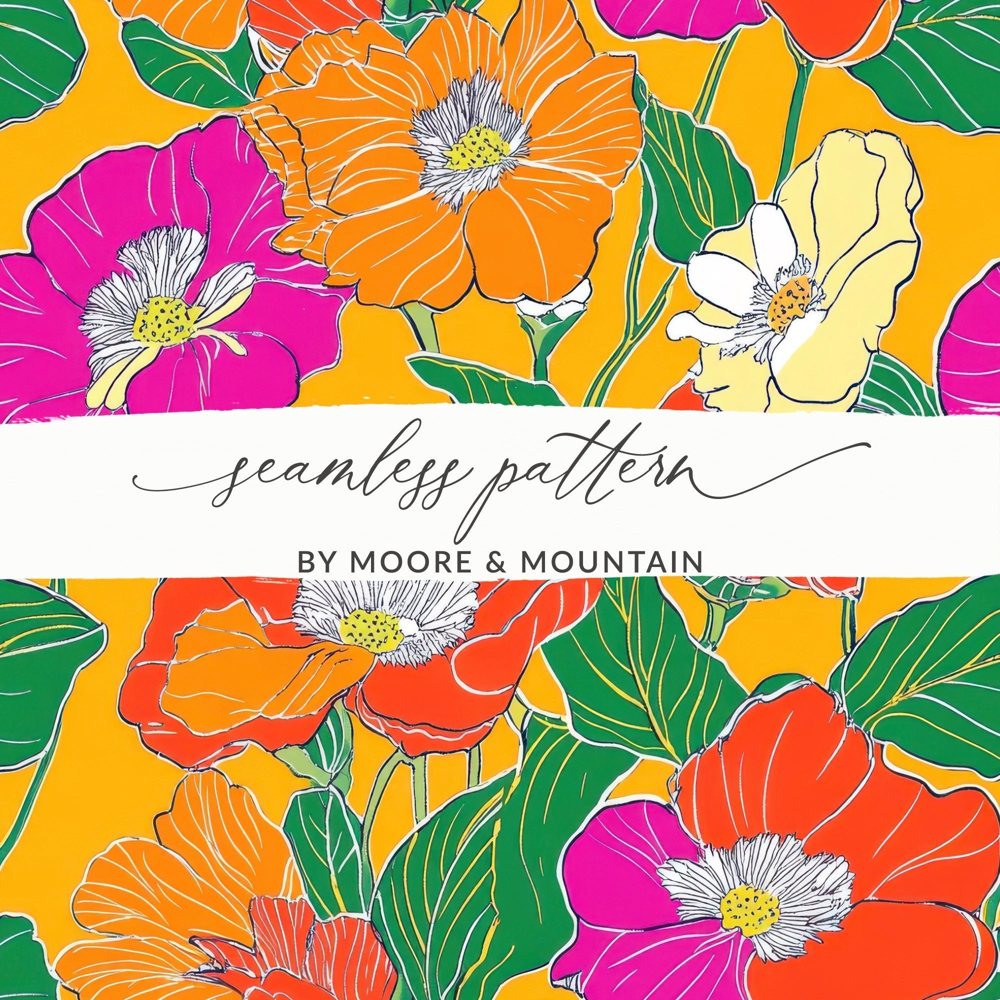 Yellow Preppy Digital Paper, 60s floral pattern, Groovy Floral Background, Retro Flowers, Seamless Pattern, Floral Pattern, Digital Download - Moore and Mountain