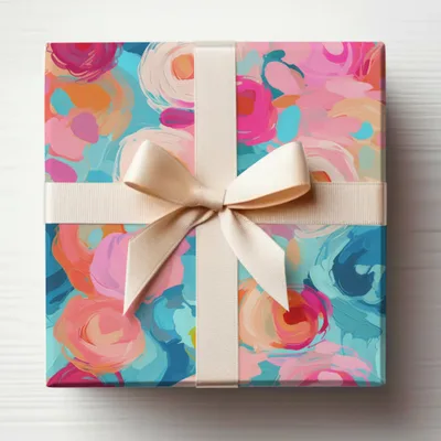 Vibrant Floral Gift Wrap with Elegant Cream Ribbon