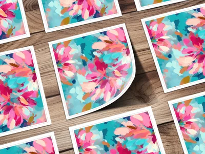 Vibrant Abstract Flowers on Blue Background Art Print
