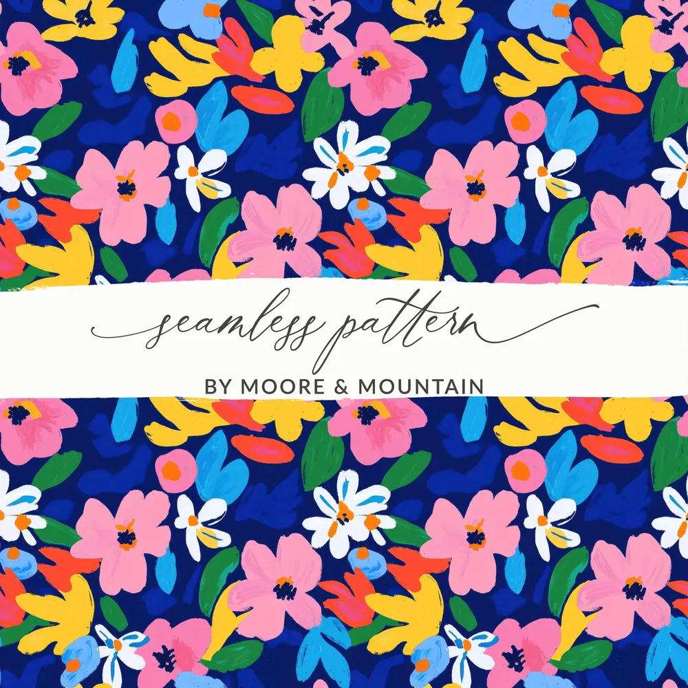 Seamless pattern with colorful abstract flowers and leaves on a dark blue background.