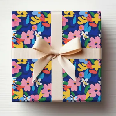 Gift box with a floral pattern and a beige ribbon bow.
