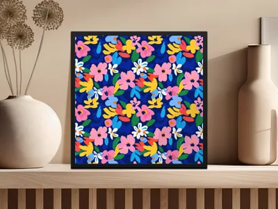 Floral pattern with pink, blue, yellow, and white flowers on navy background.
