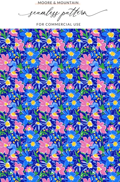 Abstract Floral Digital Paper, Preppy Pink Blue Flowers Seamless Pattern, Vibrant Summer Art Print, Bold Botanical Design Digital