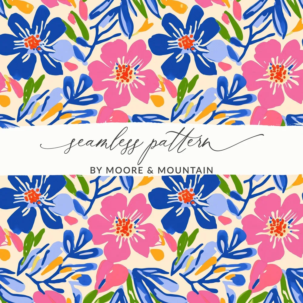 Seamless floral pattern with pink and blue flowers on beige background.