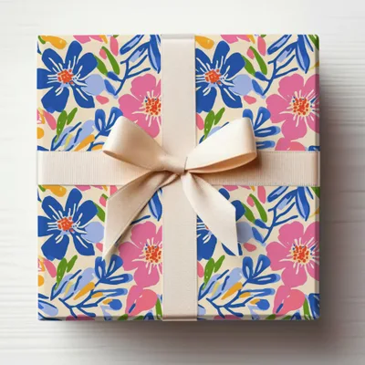 Gift box with cream ribbon and blue and pink floral pattern.