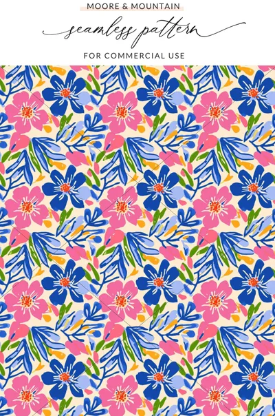Pink and blue flowers with green leaves on a cream background.