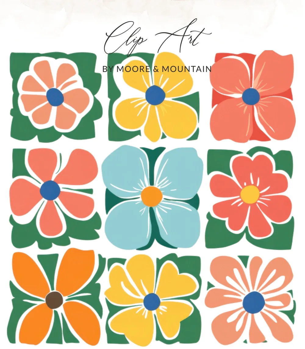 Nine colorful floral illustrations in a grid, with "Clip Art by Moore & Mountain" at the top.