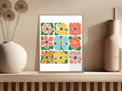 Grid of nine colorful, abstract floral designs on a framed print.