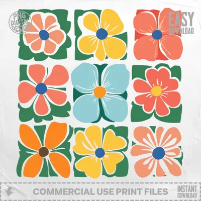 Nine colorful, abstract floral graphics arranged in a grid.