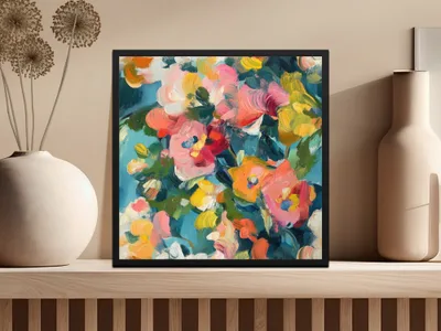 Abstract Floral Painting Digital Print, Blue Pink Yellow Flowers Art, Textured Brushstrokes, Modern Art Download, Printable Wall Art - Moore and Mountain