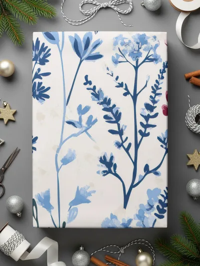Elegant Blue Floral Wrapping Paper Christmas Product